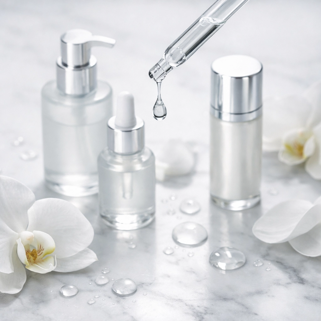 Luxury anti-aging serum dropper with hydrating skincare products on marble surface